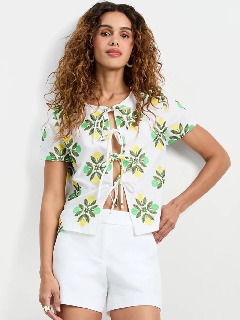 Trina Turk Poolside Gossip Salina Tie-Front Embroidered Top XS